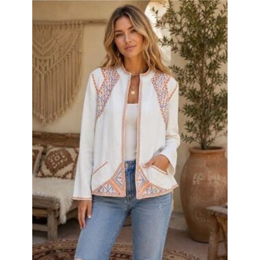 Nurture Women White Linen Blend Embroidered Open Front Jacket Sequin Accents L‎
